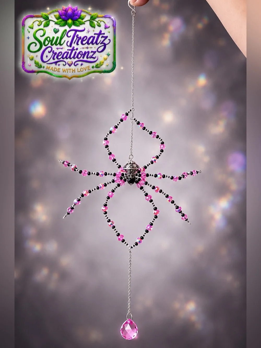 Pink & Black Beaded Spider Crystal Sun Catcher